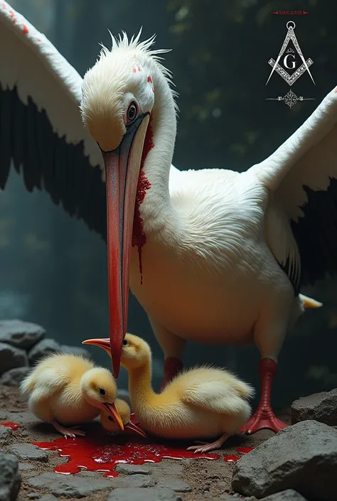 Pelican bleeding and feeding pelican cubs pecking and bleeding with Masonic symbol 
