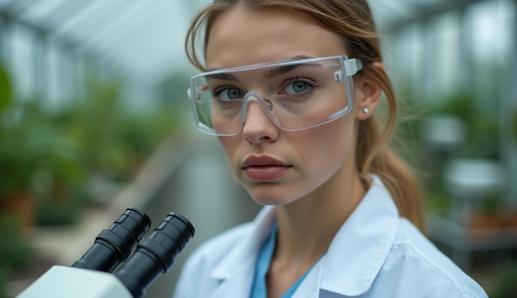  greenhouse background containing laboratory experiments on old bones seen beautiful girl ,  shiny and shiny lips wearing training clothes  , complete with microscope  ,  very serious and charming face  , facial detail, realistic ,HD