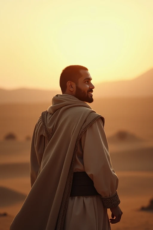 "The sense of abbas a traditional beginning, a man with a hopeful expression, facing the horizon, cinematic style, detailed UHD with a soft golden glow."