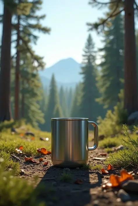 a realistic landscape of a pine forest and in the foreground a stainless steel camping mug