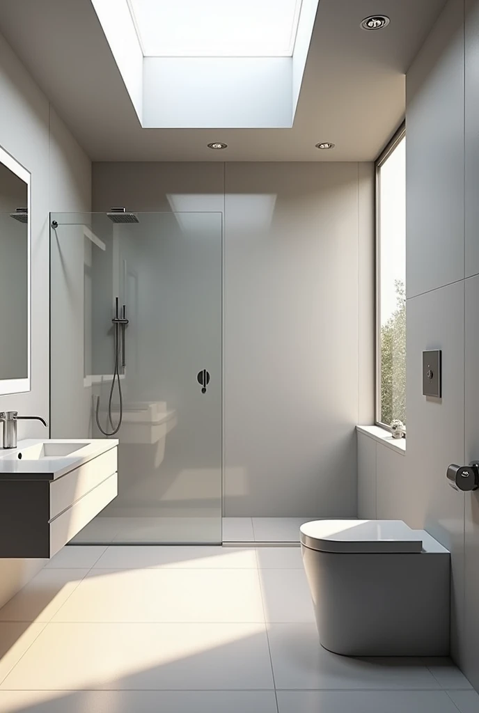 Create a 45° view of a bathroom ,   shower, sink and toilet in classic modern style with light gray color palettes 