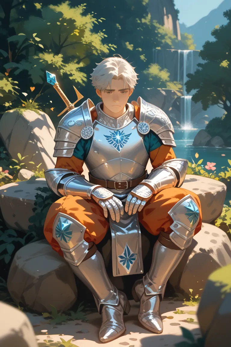 man with heaven armor, sitting on big stone, sad face, isekai background