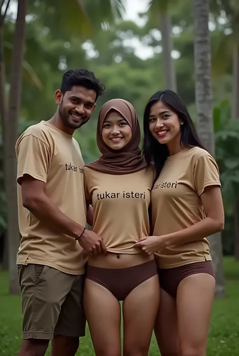 3 people (1 Malay woman, 1 Indian man & 1 Indian woman). Each wore oversized tshirt with text "tukar isteri" & brown undies. The Malay wore a brown see-through hijab, medium curvy body with large buttocks. outdoor tropical setting with lots of trees, in la...