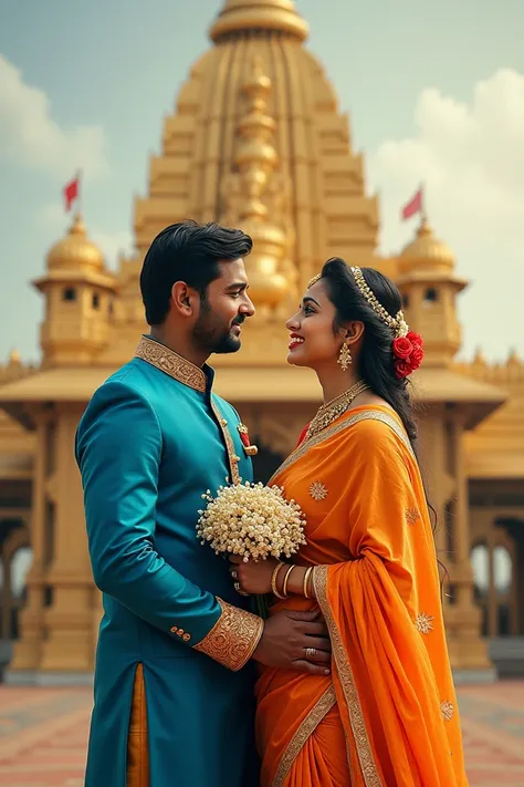 In the center of the collage, there are two images of a man and a woman, both dressed in traditional Indian attire. The man is wearing a blue saree and the woman is wearing an orange saree. They are standing in front of a temple with a golden temple in the...