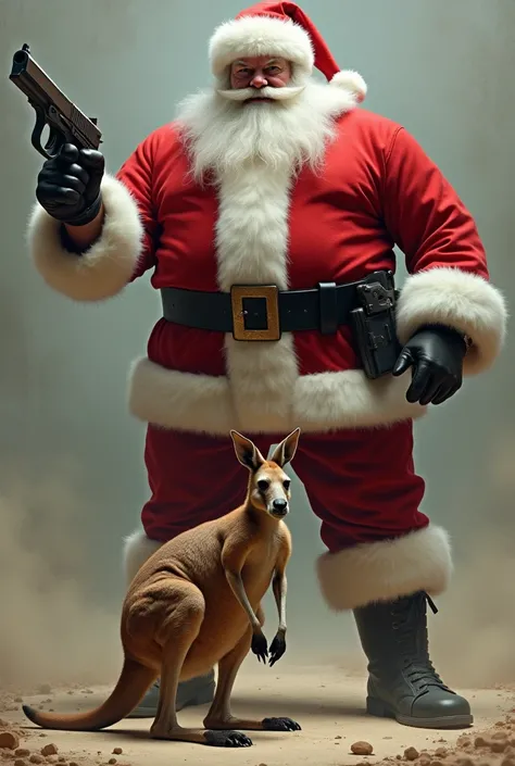 Very powerful Santa Claus crushing a kangaroo by pointing a firearm at it 