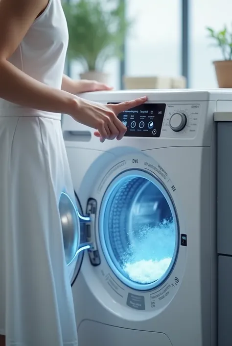 Scene 2:  Demonstration of the use in a washing machine  (20 seconds)

	• Visual :  The machine connects to a washing machine .  The touchscreen is shown being used ,  by selecting the washing mode .  The washing process without detergent ,  with bubbles o...