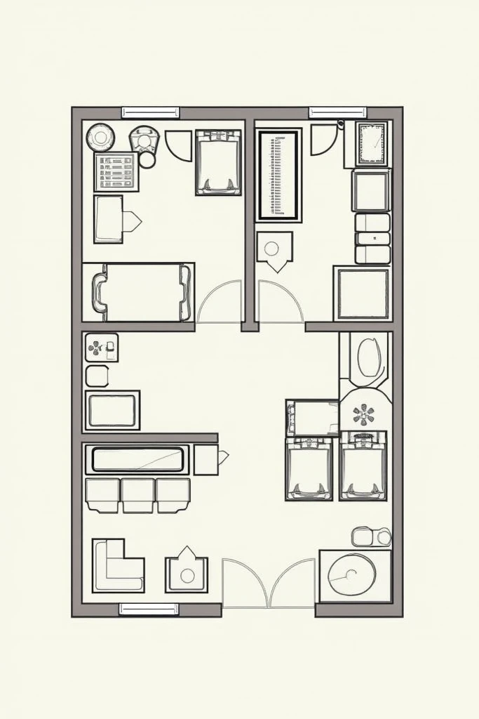 Floor plan of Five food stalls that are clustered together. Three of the stalls have refrigerators.  All of the stalls have drawers and display cases/trays.