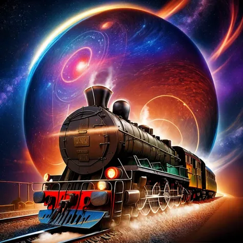 (locomotive artwork:1.4)、universe、Milky Way,  Fantastic Structures , , Sphere of Light、Spirals of Light 、Light trail、spinning planet , A delicate touch、 psychedelic、 fantasy 、Hallucinations、mirage、 sci-fi、dream