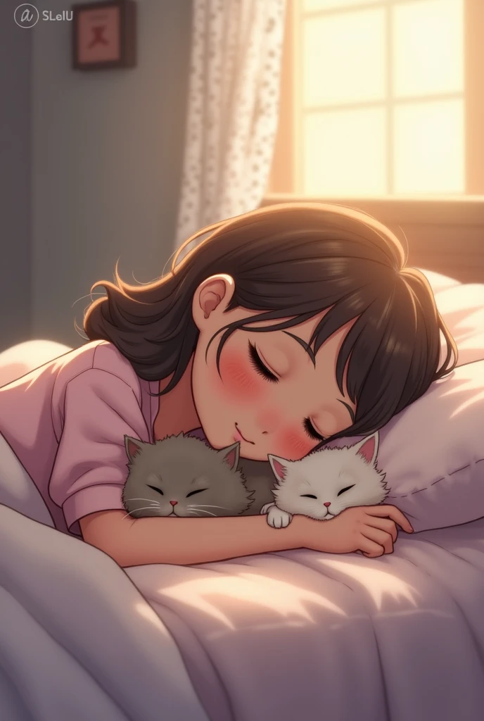 A girl and kitten wake up