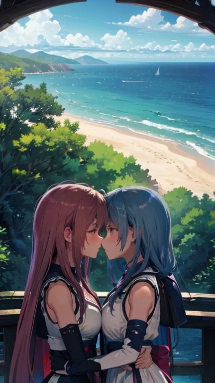  two girls、キスをしている two girls、Hill with a view of the sea