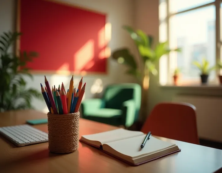 Cozy home office, wooden desk, colorful pens in cup, soft focus, warm lighting, red bulletin board, green chair, interior design, organized workspace, creative corner, natural light from window, depth of field, minimalist decor, home study area, artistic a...