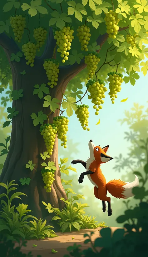 "A lush green garden with a very tall vine tree hanging ripe, shiny green grapes. a fox makes leap towards the grapes, the fox unable to reach them, Leaves are scattered around the tree base."