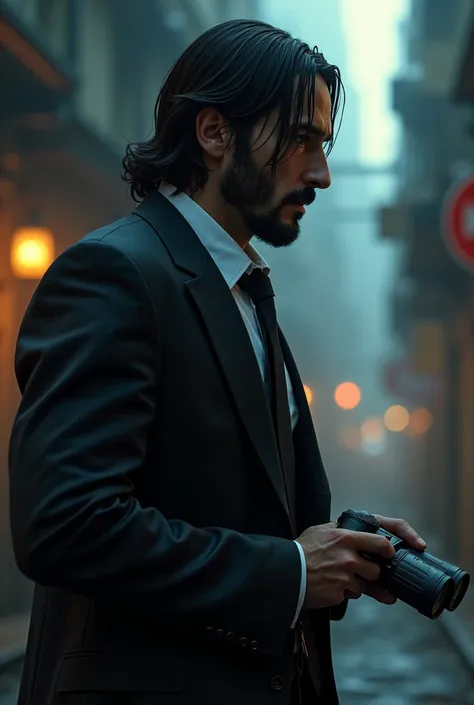 John Wick con il binocolo in mano, full body con telecamera di profilo