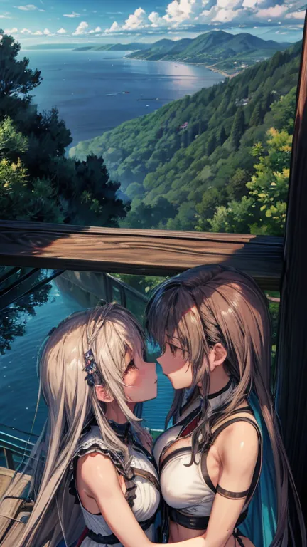 two girls、キスをしている two girls、hill with a view of the sea