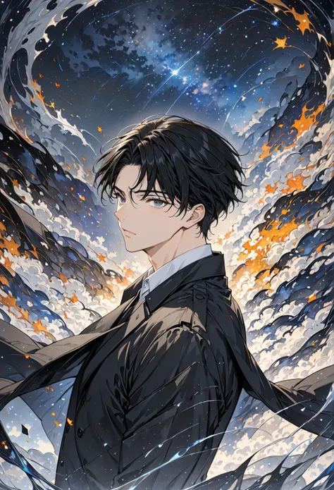 manhwa, 1 male, short black hair, grey eyes, black suit, black trench coat, chaotic background, starry skies, (best quality, 4k, highres, masterpiece:1.2), handsome, monarch, cold and emotionless expression, sharp angular features, imposing and regal prese...