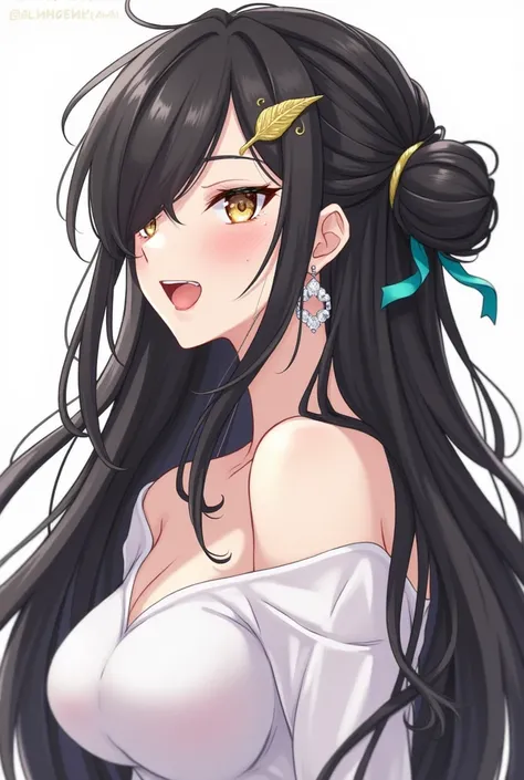 Long Hair, Black Hair, Large breasts, Crystal Earrings, Parted Lips, Blue eyes, Blush, Tongue Out, Nose Blush, Red Lips, Facing Another, Moaning, Excited, Simple background, Hair Ornament, Jewelry, Crown, Leaf Hair Ornament, Hair Beads, Realism, Hair Clip,...