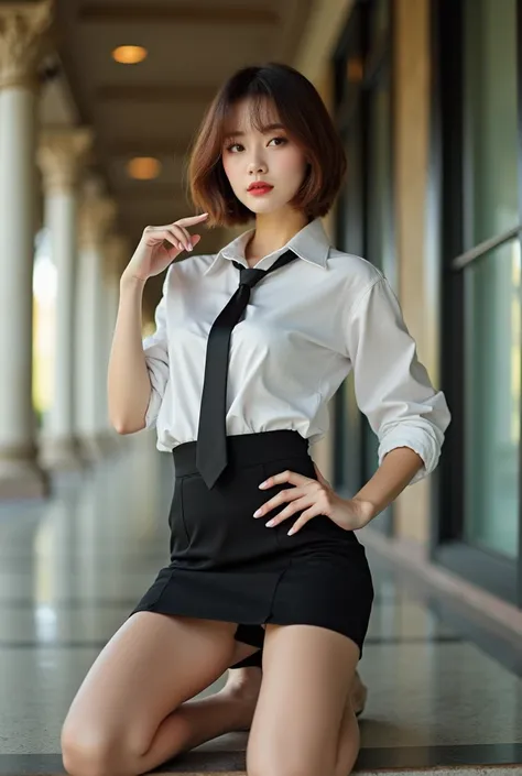  There is a woman wearing a tie and a white shirt, short hair, whole body, beautiful korean woman , korean girl,  Sun Yongzhu ,  Cute Korean actress ,  Beautiful Young Korean Woman, Lee Ji-eun, Li Zhien, Xin Tongchen,   Neat Hair With Hair ,  Short brown h...