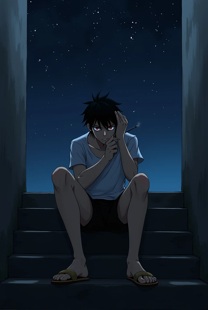  Generate an image of the character Saltitão from Just a Show,  sitting on a staircase at night with starry skies , him with red eyes and tired face , Hes wearing black shorts and a beige sandal , Him smoking 