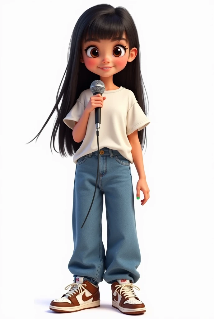 ładna dziewczyna 19 lat, black long straight hair with bangs , big brown eyes , duże usta ,ubrana w oversize t shirt, baggy jeansy , nike shoes dunki brown white ,  is on a white background and holds a microphone,zdjęcie typu 2d cartoon network 