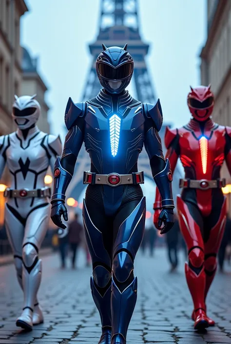  Futuristic Power Rangers of France – Knights of the Tricolor Light
"Three Power Rangers in sophisticated armor in blue, white and metallic red, inspired by the flag of France. The leader has a dark blue suit with a bright white stripe in the center of his...