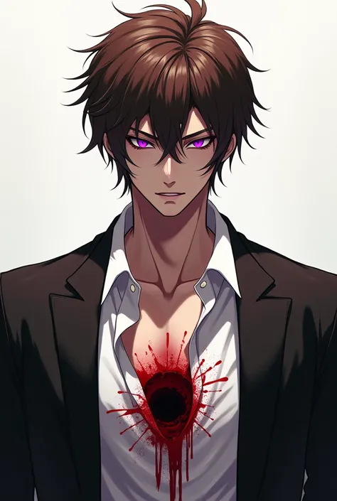 Brown-haired man ,Bright Purple Eyes, wearing white shirt and black suit ,
 With a hole in his chest dripping blood

Styled:anime
