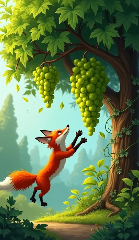 "A lush green garden with a very tall vine tree hanging ripe, shiny green grapes. a fox makes leap towards the grapes, the fox unable to reach them."