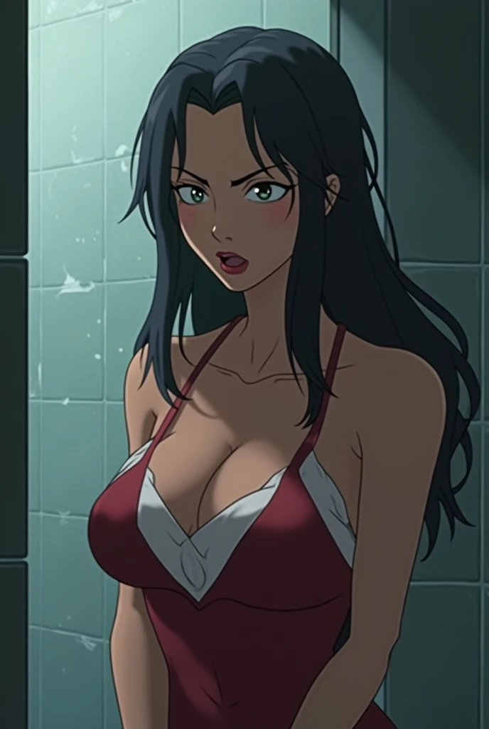 the character Korra from legend of Korra who has large breasts has her breasts pushed against a shower window as she moans with her mouth open