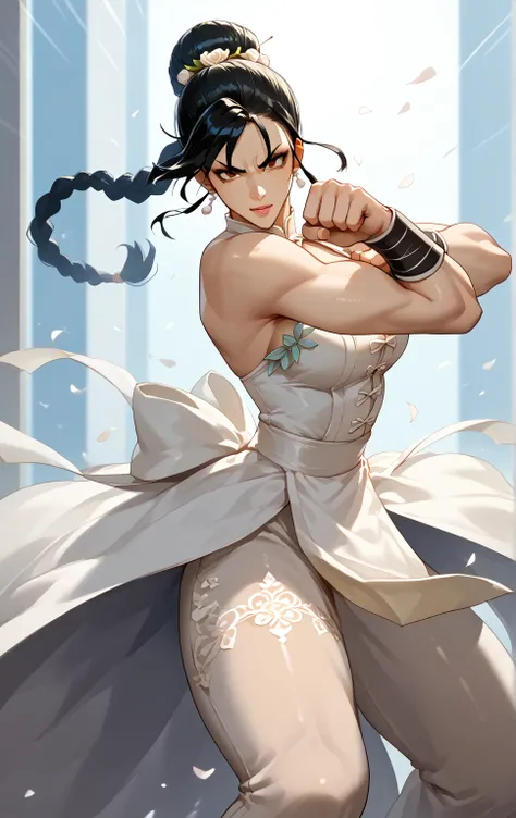 Score_9, Score_8_up, Score_7_up, Score_6_up, Score_5_up, Score_4_up, Source_anime, Tag1, Tag2, Quality_masterpiece, Anatomically correct, black hair, wedding braids, wedding hair, wedding dress, kung fu pose, kung fu, fighting pose