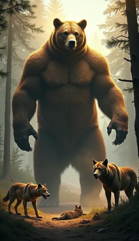 A towering grizzly bear roaring triumphantly as it stands in a forest clearing, with wolves retreating into the shadows. One wolf lies injured near the bear’s massive paw, while others snarl from a distance. The bear’s fur is detailed and shadow-infused, i...