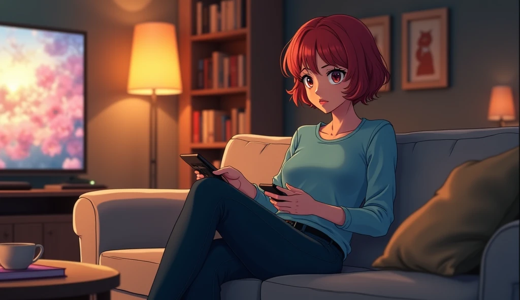 anime style: create an Incredibly highly detailed anime cinematic photo of  
A woman with short, curly red hair sits on a cozy couch in a living room with a soft, warm color palette. She wears a casual yet professional outfit, a light blue sweater and dark...