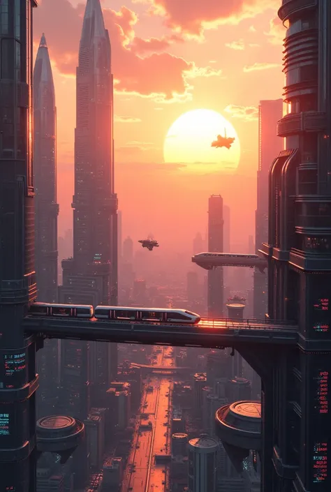  a futuristic cityscape at sunset.
