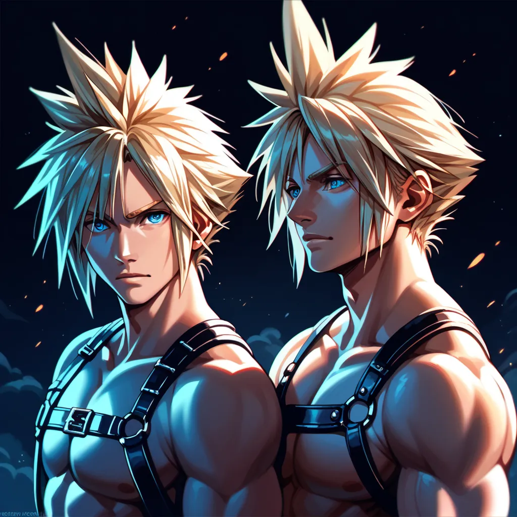 1 boy,portrait,cloud strife,final fantasy 7,(handsome),symmetry detailed face and eyes,nude,topless,chest harness,(dark backgrou...