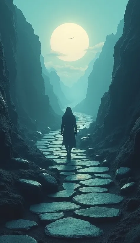  A sinuous path filled with rocks and blocks being magically unobstructed, as a figure walks toward an illuminated horizon . realistic, cinematic