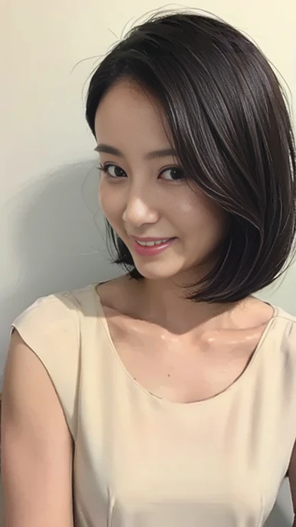 One Japan, petite physique, Ephemeral atmosphere, 50-year-old girl, Mature, with nasolabial fold, There are wrinkles at the corners of the eyes, Brown short bob hair, Smiling, Blue underwear on top and bottom, natural length arms, Photorealsitic, masutepie...