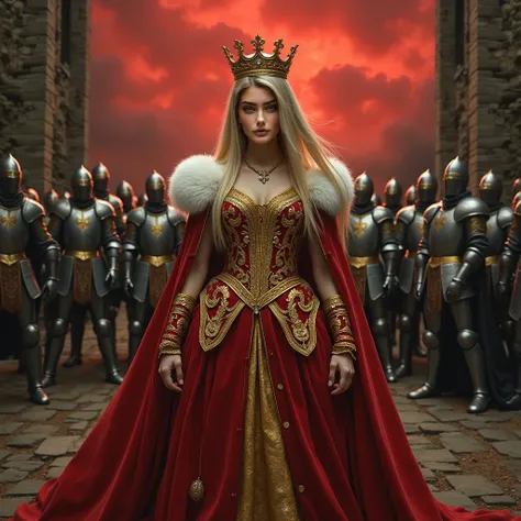 Young thin woman,  long straight blonde hair brushed back , blue eye, queen&#39;s crown , long red dress with voluminous gold queen  ,Doing dynamic queen pose  , with a medieval background for a cover of a single called Queen 2, With red sky ,  a black for...