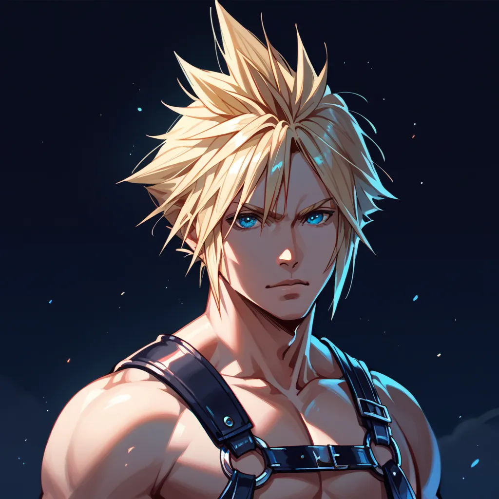 1 boy,portrait,cloud strife,final fantasy 7,(handsome),symmetry detailed face and eyes,nude,topless,chest harness,(dark backgrou...