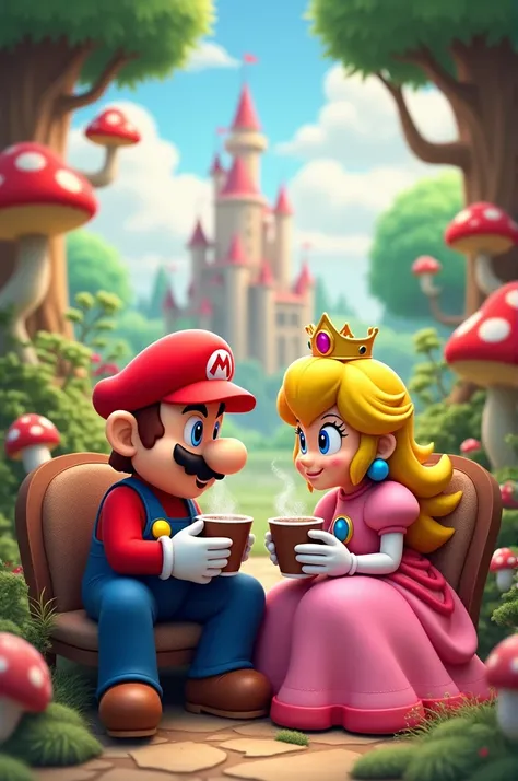 Mario boit du chocolat chaud avec peach au royaume champignon