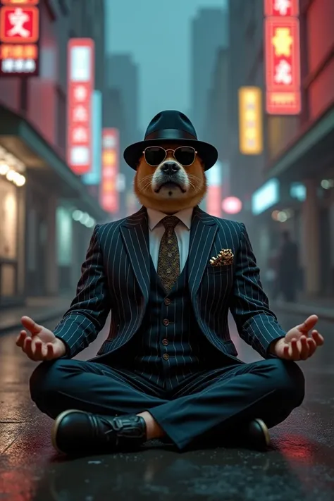 Elon musk and a doge dog both dressed as gangsters doing meditation 