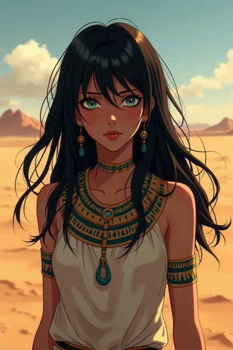 Egyptian anime woman, black long unruly hair, suffering expression, nothing but desert visible