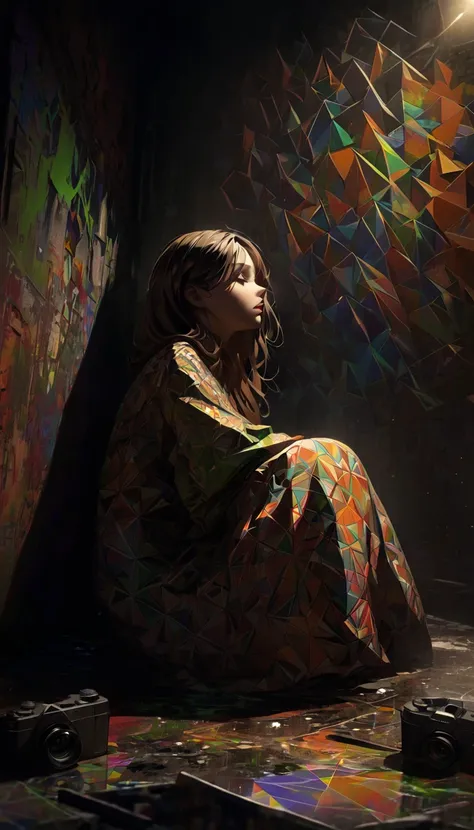 abstract image. a woman sitting on the floor, paper clothes covered in oil paint with intricate and colorful geometric 3D patterns. (night) puddles, camera down against the background of an abandoned city. graffiti wall. (moss) incandescent lighting. drama...