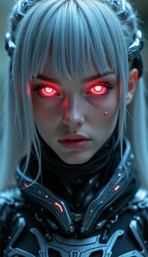 close-up portrait of a futuristic woman, glowing neon eyes, silver hair, cyberpunk style, intricate high-tech armor, soft glowing lights, ultra-detailed, dramatic lighting, realistic skin texture, cinematic, high contrast, 4K resolution