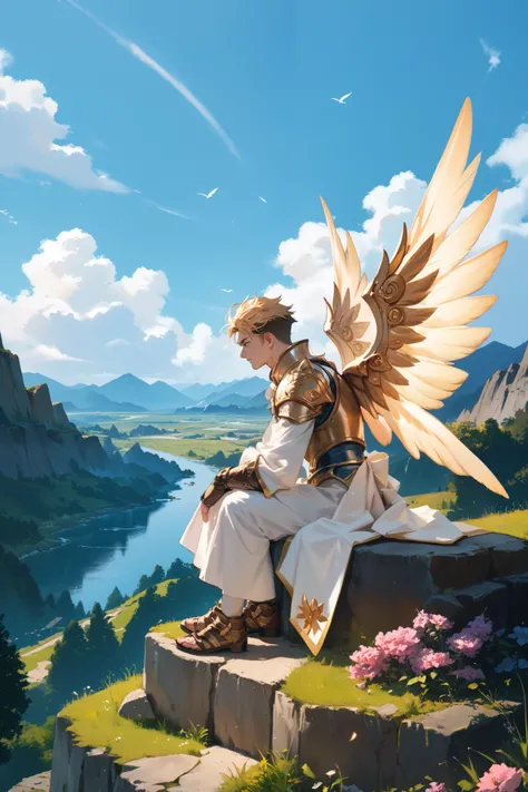 Man with Heaven armor and Angelic wings, sitting on big stone, Isekai Background, From Side, landscape, looking at the sky