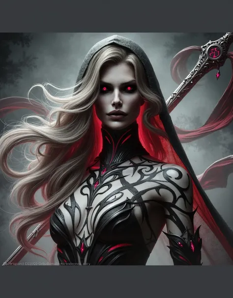 "A tall and imposing female figure with a translucent pale complexion and angular facial features. She has long, flowing hair that blends supernatural shades of black and red with a slightly wavy texture. Her eyes are striking and mesmerizing, glowing with...