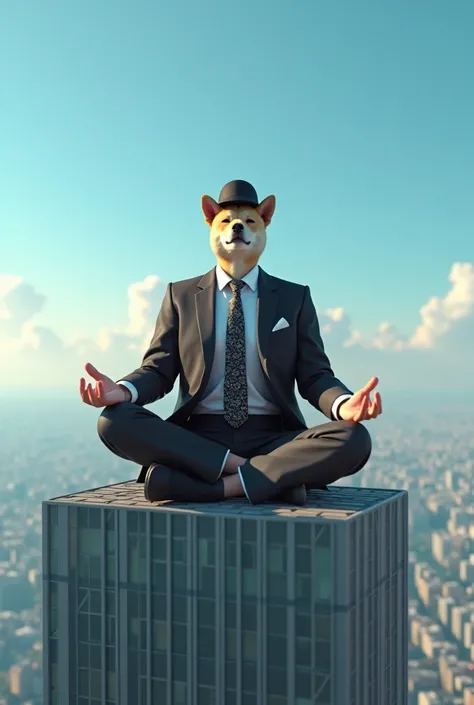 Elon musk and a doge dog both dressed as gangsters doing meditation on the top of a sky scrapper 