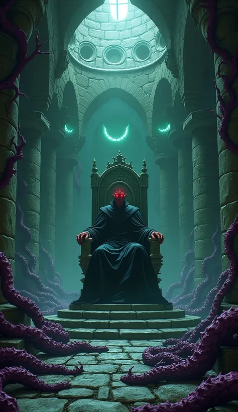 large stone hall , dark,  purple thorns over all ,  giant king on throne with glowing red eyes,  green eyes spread all over the shadow 