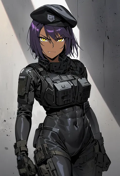 Solo female, 25 years old, (tanned skin), dark purple hair, short hair, (yellow eyes), Tactical combat equipment, (((skintight black bodysuit))), ((wearing a black military beret)), smirking, style of Metal Gear Solid, finger-less gloves, full body