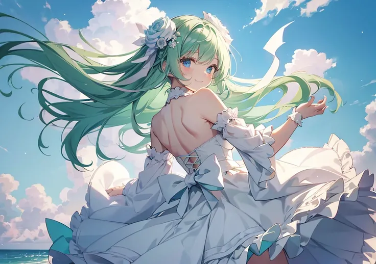 A beautiful girl with long pastel green hair blowing in the wind. Several white rose hairpieces are adorned in her hair, and her classic white maid outfit is adorned with a pink ribbon. Her smile is soft, and her eyes are a deep blue that shine like stars....