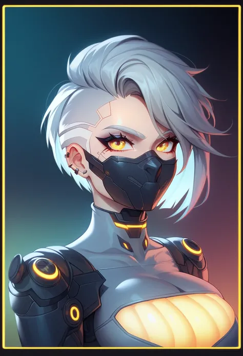  This image ,  contains a female character designed in a futuristic cyberpunk style . Its characteristics are :  has piercing yellow eyes and long  ,  silver-gray hair .  It contains a laser cannon on its shoulders .  His entire face is covered with a blac...