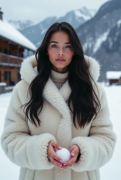 Christy Turlington, young 18 years fair, smooth skin, long straight black hair perfect long hair , lip gloss, thin, voluptuous lips, textured skin, black eyes, soft, soapy eyebrows, upturned nose, glowing skin, wearing white fluffy winter coat, fluffy hood...