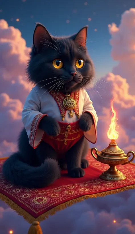 ultra realistic , digital fluffy black Siberian cat with deep yellow detailed live reflective eyes as realistic as possible, wearing red velvet trousers ,  and a white oriental blouse with flared sleeves , around the neck a golden ornate key pendant , sits...